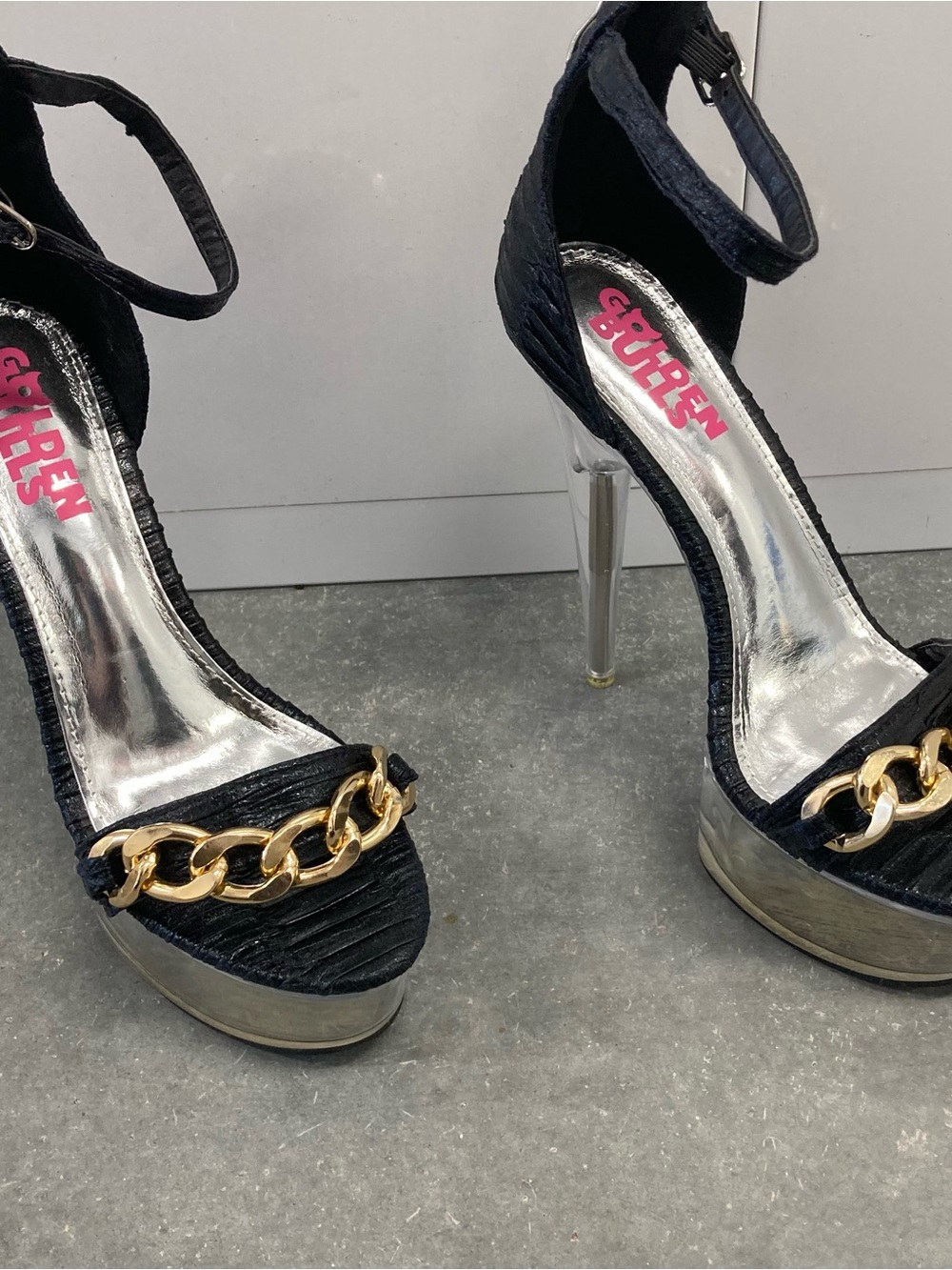 Chain-Accent Black Ankle-Strap Platform Heels